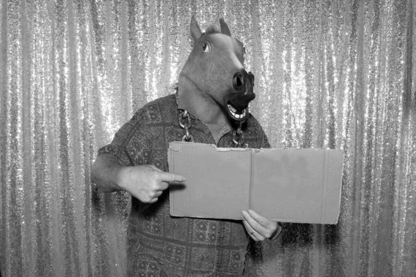 Muž Masce Gumové Koňské Hlavy Pózuje Foto Boxu — Stock fotografie