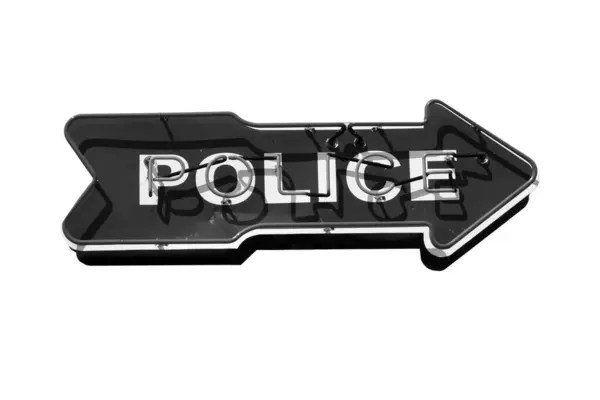 Policja Znak Neon Police Arrow Znak Policyjny Wskazuje Posterunek Policji — Zdjęcie stockowe