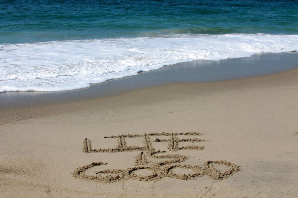 ЖИЗНЬ хороша. Слова "Жизнь хороша" написаны на мокром песке на пляже. Лагуна-Бич, штат Флорида. 