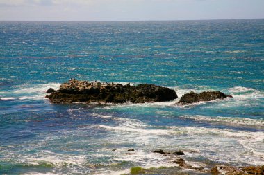 Laguna Sahili, Kaliforniya. Laguna Sahili, Main Beach. Crescent Bay of Laguna Beach, Orange County, Kaliforniya ABD. Laguna. Heisler Park 'taki Pasifik Okyanusu manzarası. Orange County California 'da. Sörf yukarı. Laguna Sahili Sahil Hattı ve Pasifik Sahil Otoyolu.