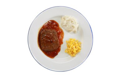 TV Yemeği. Mantar soslu Salisbury bifteği ve sebzeli TV yemeği. Klasik Salisbury bifteği ve Gravy TV Yemeği. Beyaz bir yemek tabağı. Beyazda izole edilmiş. Salisbury bifteği ve sebzeli soslu TV yemeği. Dondurulmuş Mikrodalga TV Yemeği.