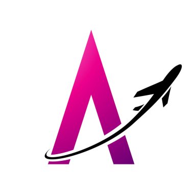 Beyaz bir arka planda izole edilmiş bir Magenta Harfinin Üzerinde Siyah Uçak Çizimi