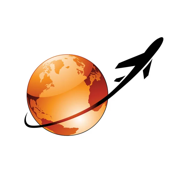 在白色背景下孤立的橙色光滑的地球周围飞行的飞机说明 — 图库矢量图片