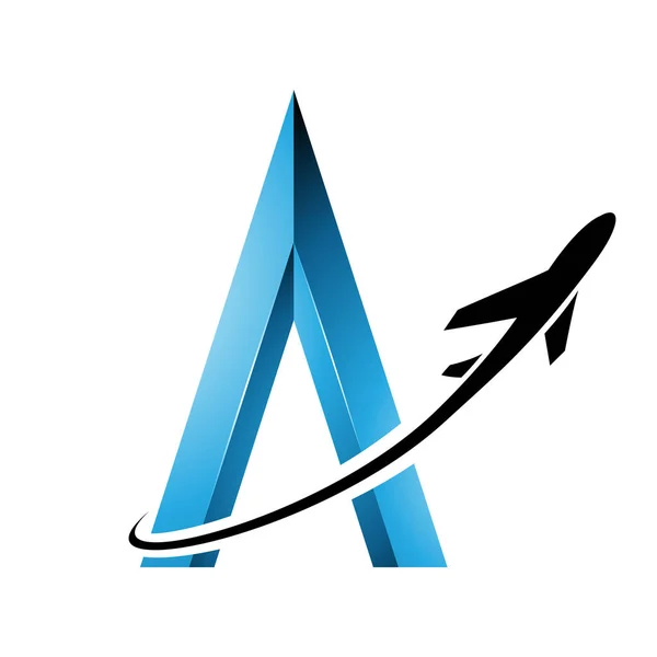 Illustration Avion Noir Volant Autour Une Lettre Relief Bleu Isolé — Image vectorielle