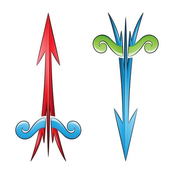 Illustration of Cracked Arrow and Bow in Green Red and Blue Colors isolated on a White Background