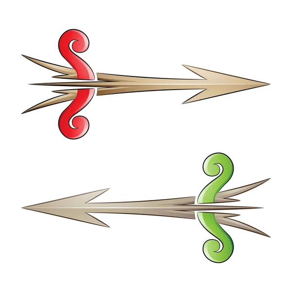 白色背景下分离的红绿两色裂开的箭和弓的图解 — 图库矢量图片