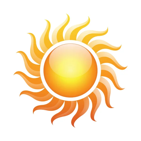 白の背景に太陽光線が分離された曲線状の光沢のある黄色の太陽のアイコンのイラスト — ストックベクタ