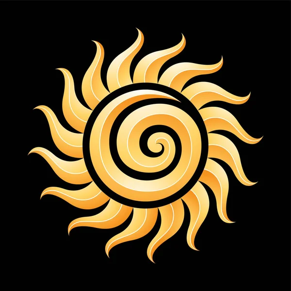 Illustratie Van Curvy Yellow Embossed Spiral Sun Icon Zwarte Achtergrond — Stockvector