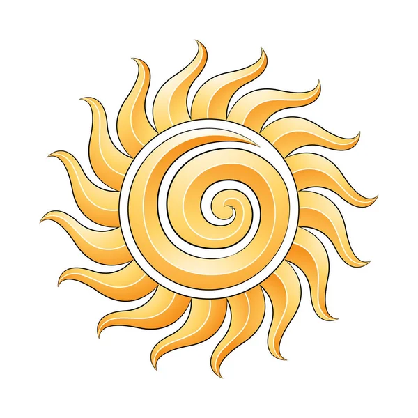 Illustration Curvy Yellow Embossed Spiral Sun Icon Black Outlines Isolated — Stock Vector