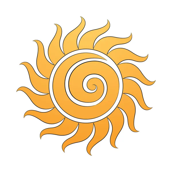 Illustration Curvy Yellow Spiral Sun Icon Black Outlines Isolated White — Stock Vector