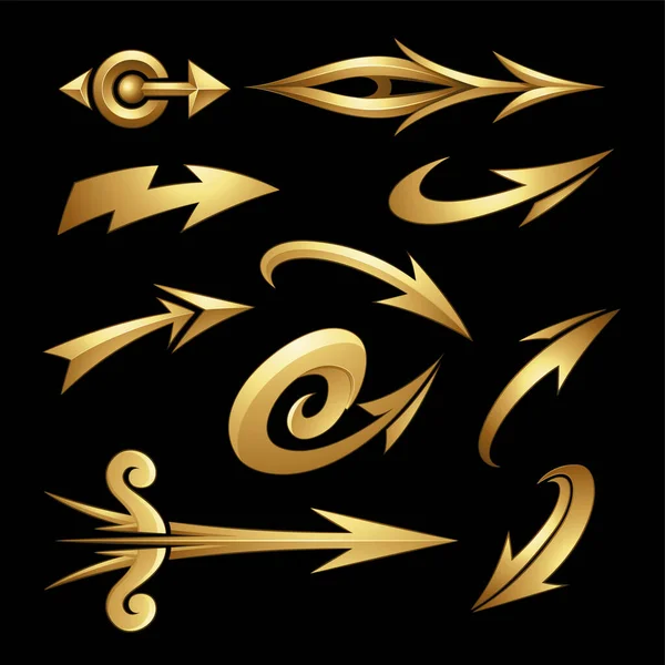 Illustration Von Unterschiedlich Geformten Kurvigen Goldpfeilen Isoliert Auf Schwarzem Hintergrund — Stockvektor