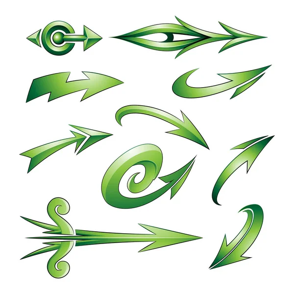 Illustratie Van Diverse Gevormde Gebogen Groene Pijlen Geïsoleerd Een Witte — Stockvector