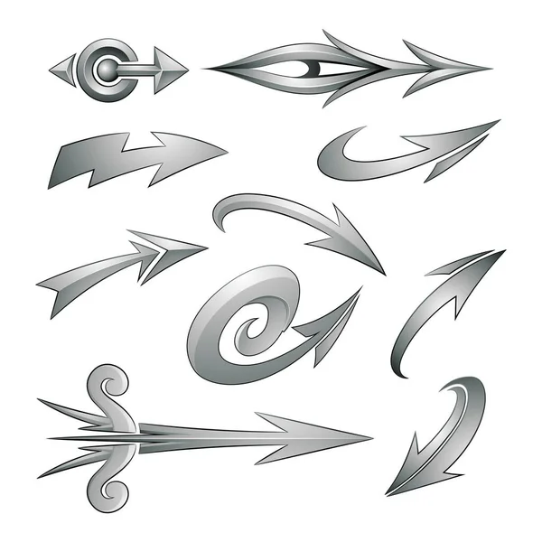 Illustratie Van Diverse Gevormde Gebogen Zilveren Pijlen Geïsoleerd Een Witte — Stockvector