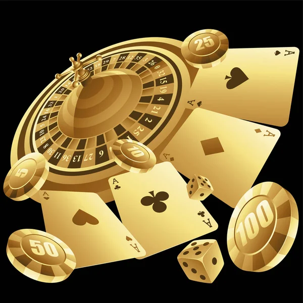 Golden Casino Items Een Zwarte Achtergrond — Stockvector