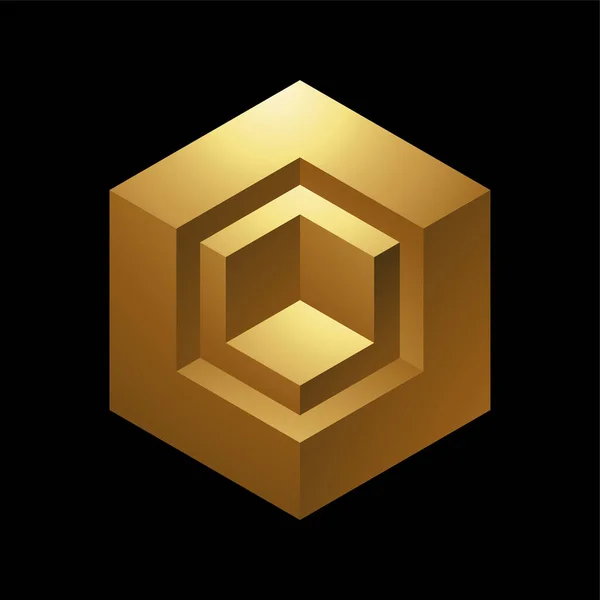 Forma Cubo Hexagonal Relieve Dorado Sobre Fondo Negro — Vector de stock