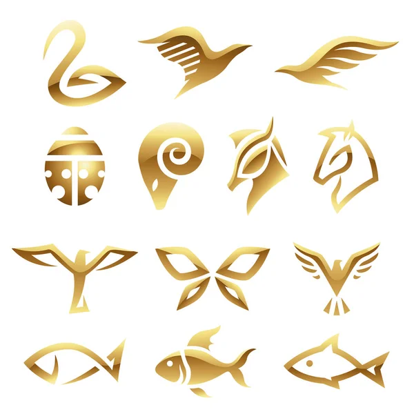 Золотые Глянцевые Иконы Животных Белом Фоне — стоковый вектор
