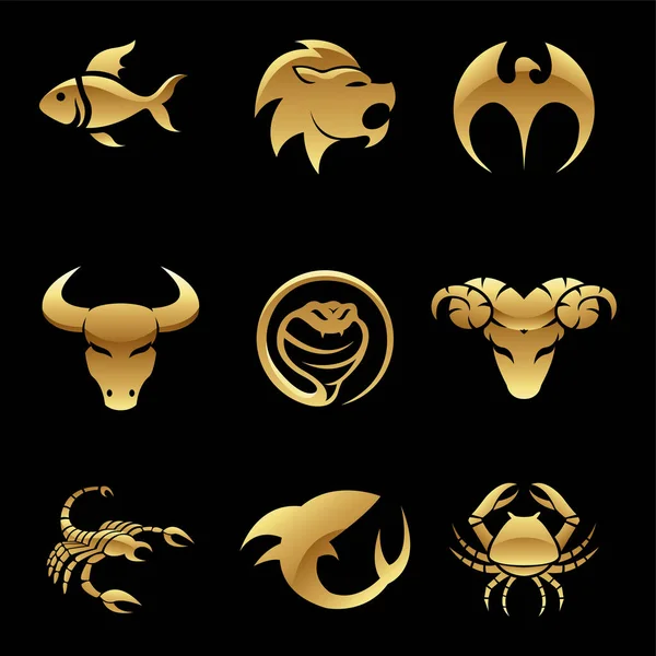 Goldene Tiersymbole Auf Schwarzem Hintergrund — Stockvektor