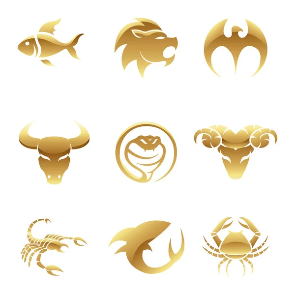 Ícones Animais Brilhantes Dourados Fundo Branco — Vetor de Stock