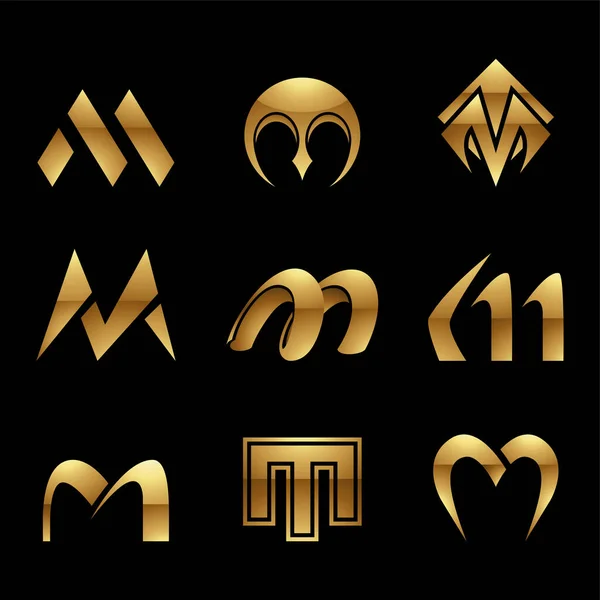 黑色背景上的金光闪闪的字母M图标 — 图库矢量图片