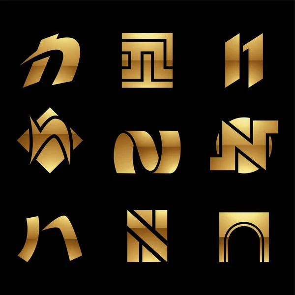 Golden Glossy Lettre Icônes Sur Fond Noir — Image vectorielle