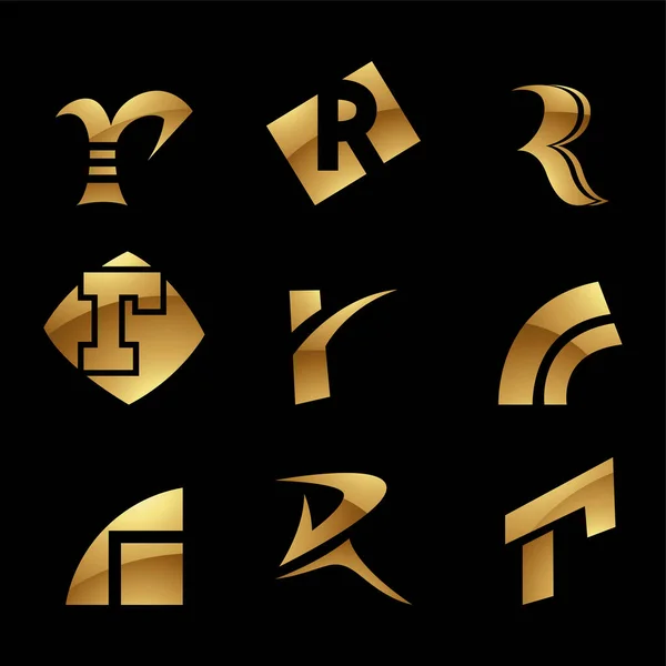 黑色背景上的金色光洁字母R图标 — 图库矢量图片