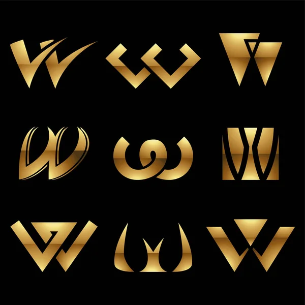 Golden Glossy Letter Icons Black Background — Stock Vector