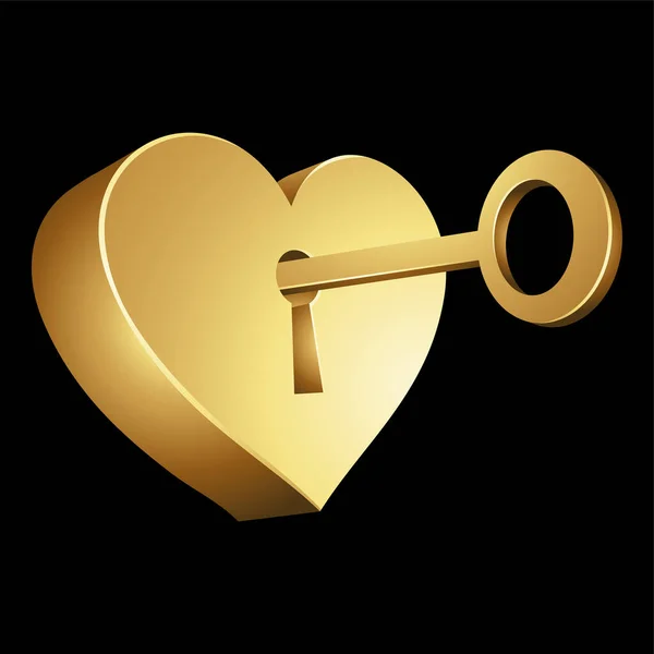 Χρυσό Κλειδί Ξεκλειδώνοντας Μια Κλειδαριά Σχήμα Καρδιάς Μαύρο Φόντο — Διανυσματικό Αρχείο