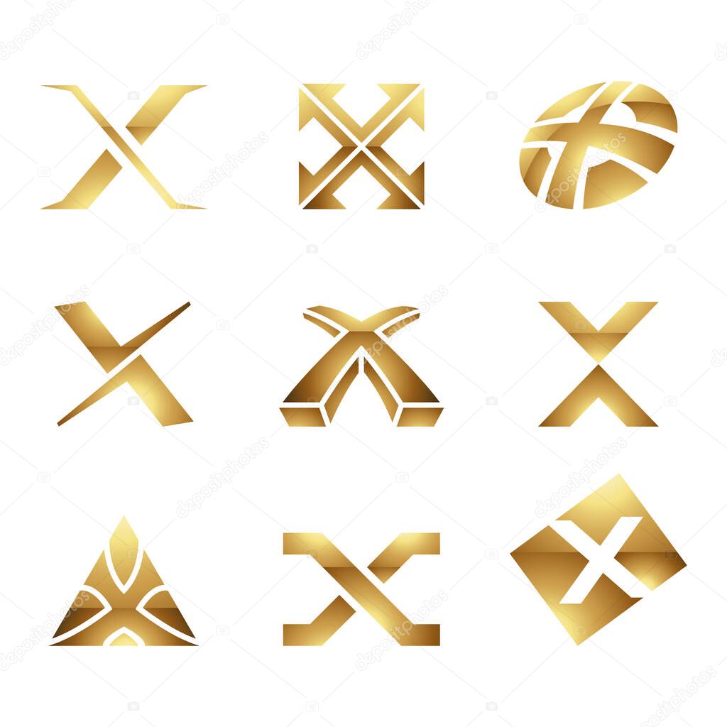 Golden Glossy Letter X Icons on a White Background