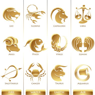 Golden Zodiac Star Signs on a White Background clipart