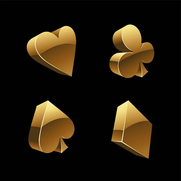 Golden Playing Card Suits Símbolos Fundo Preto — Vetor de Stock