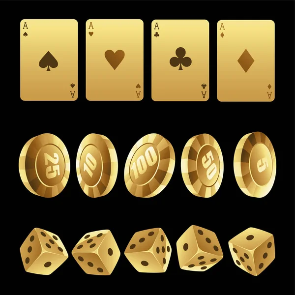 Goldene Spielkarten Roulette Chips Und Würfel Auf Schwarzem Hintergrund — Stockvektor