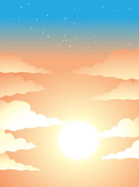 Illustration of Cloudy Orange Sky with Bright Sun Light and Stars
