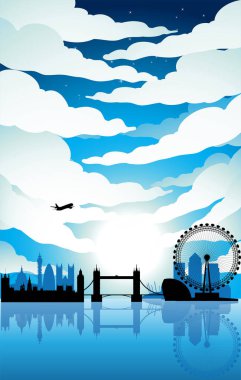 Illustration of London Landmarks Under a Blue Cloudy Sky with Bright Moon