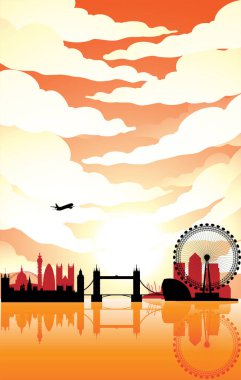 Illustration of London Landmarks Under a Cloudy Sky During Sunset