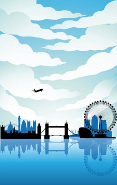 Illustration of London Landmarks Under a Blue Cloudy Sky