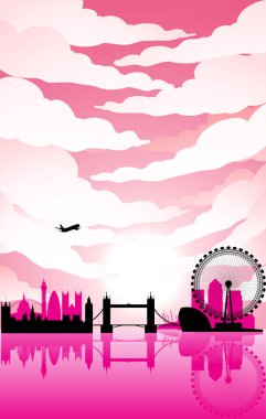 Illustration of London Landmarks Under a Pink Sunny and Cloudy Sky