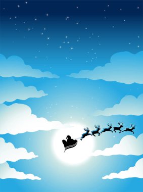 Illustration of Santa and Cloudy Blue Night Sky with a Bright Moon