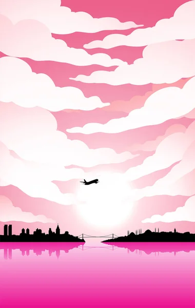Illustration of Istanbul Silhouette Under a Pink Cloudy Sky
