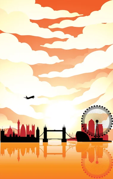 Illustration of London Landmarks Under a Cloudy Sky During Sunset