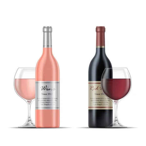 Illustration of Rose Wine and Red Wine Bottles and Wine Glasses isolated on a White Background