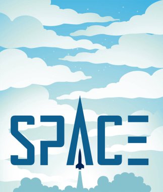 Illustration of Space Poster of a Rocket Launch Over a Light Blue Night Sky with Futuristic Text