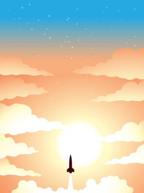 Illustration of Space Poster of Rocket Launch Over a Cloudy and Starry Colorful Sky