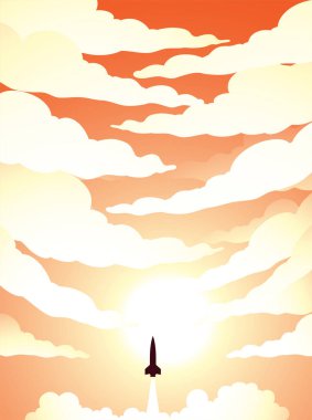 Illustration of Space Poster of Rocket Launch Over Cloudy Orange Sky