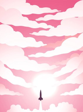 Illustration of Space Poster of Rocket Launch Over a Cloudy Pink Sky