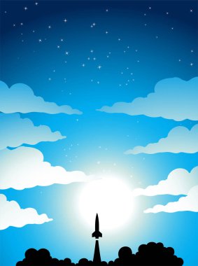 Illustration of Space Poster of Rocket Launch Silhouette Over a Blue Starry Sky
