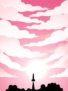 Illustration of Space Poster of Rocket Launch Silhouette Over a Pink Cloudy Sky