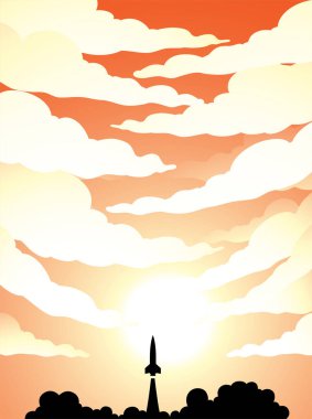 Illustration of Space Poster of Rocket Launch Silhouette Over an Orange Cloudy Sky