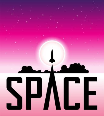 Illustration of Space Poster of Rocket Launching Over Pink Night Sky and the Moon