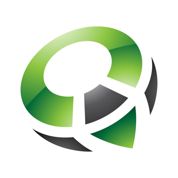 Green and Black Glossy Compass Shaped Letter Q Icon on a White Background