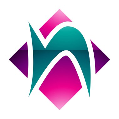 Magenta ve Yeşil Parlak Harfli N Simgesi Beyaz Arkaplanda Kare Elmas Şekline sahip